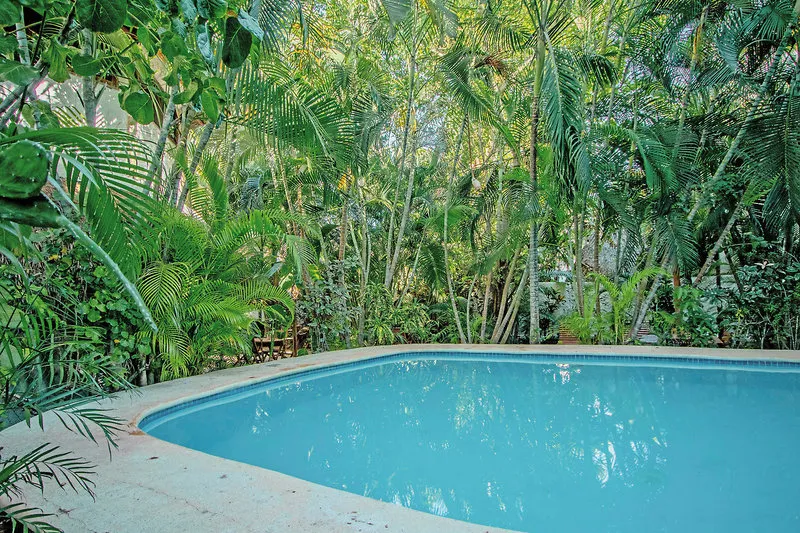 Bazen obdan z gostim tropskim rastlinjem