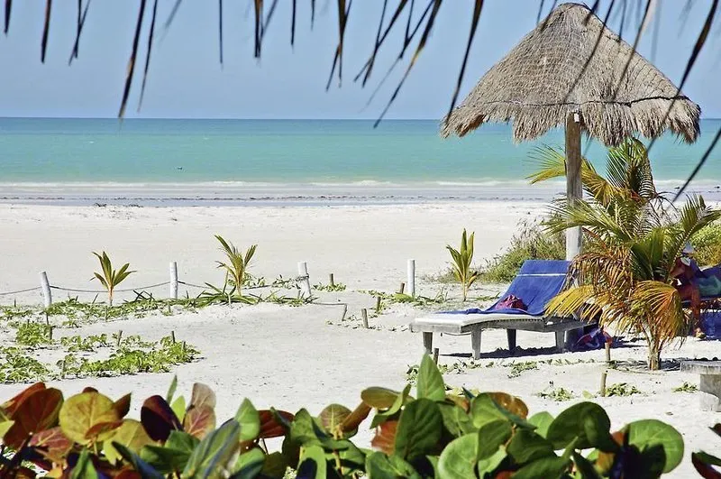 Slamnati senčniki na beli peščeni plaži otoka Holbox