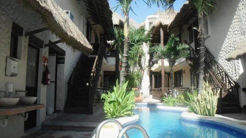 Notranje dvorišče hotela Mimi del Mar z ozkim bazenom in palmami.